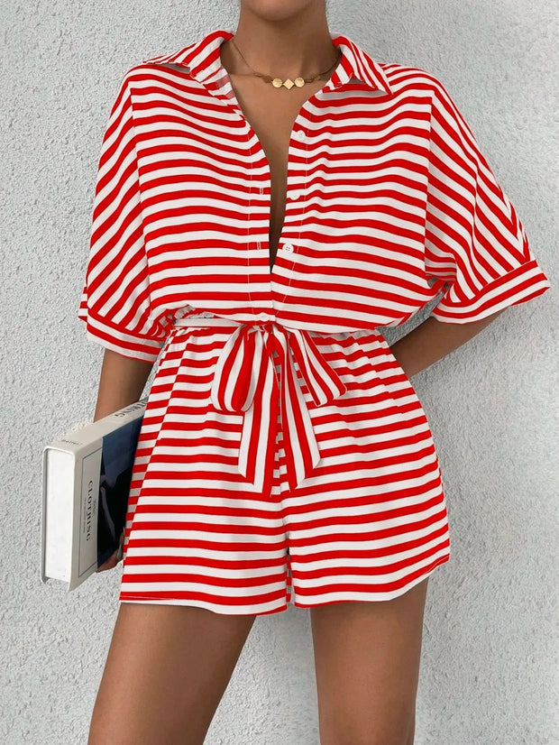 Tie Waist Half Button Striped Romper www.nizzadesign.com