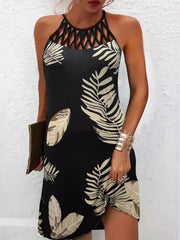 Tropical Leaf Print Halter Neck Mini Dress with Cutout Detail Black www.nizzadesign.com
