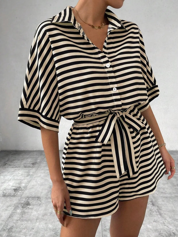 Tie Waist Half Button Striped Romper www.nizzadesign.com