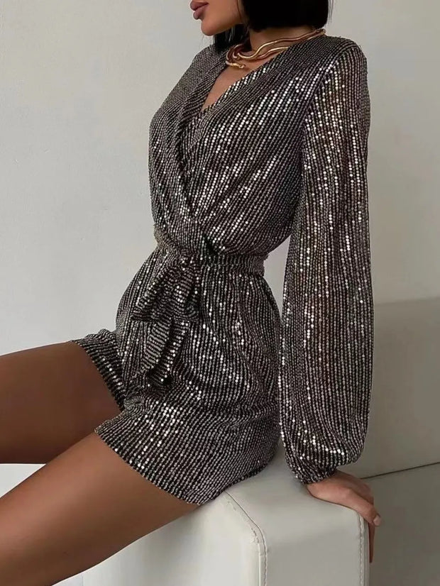 Full Size Sequin Surplice Tie Waist Long Sleeve Romper www.nizzadesign.com