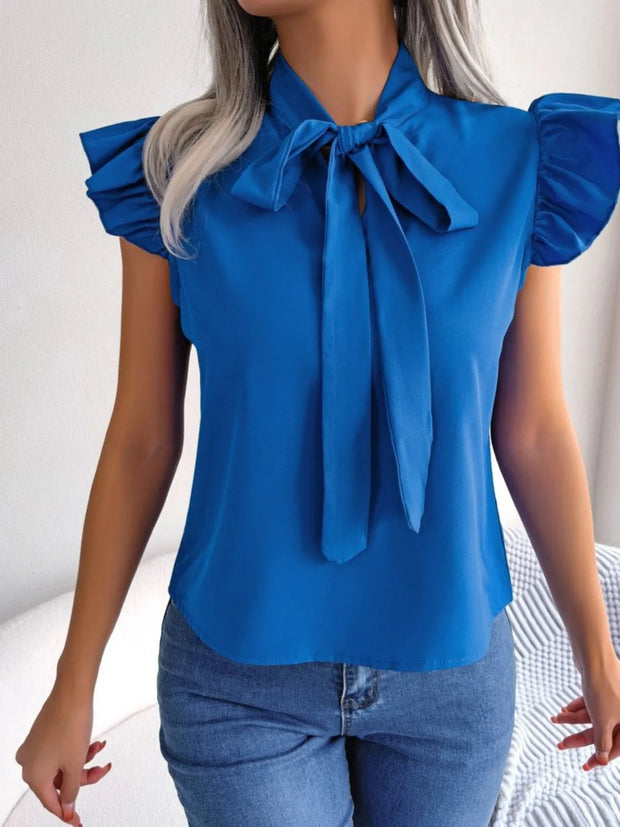 Ruffle Cap Sleeve Bow Tie Blouse www.nizzadesign.com