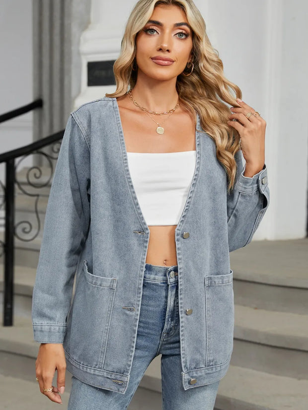 Pocketed V-Neck Button Up Denim Jacket www.nizzadesign.com