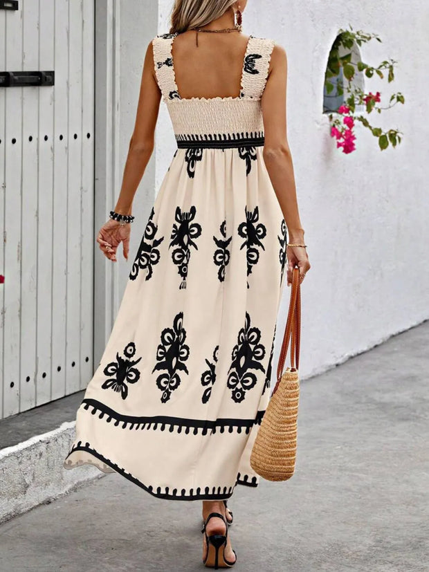 Smocked Printed Wide Strap Maxi Dress www.nizzadesign.com