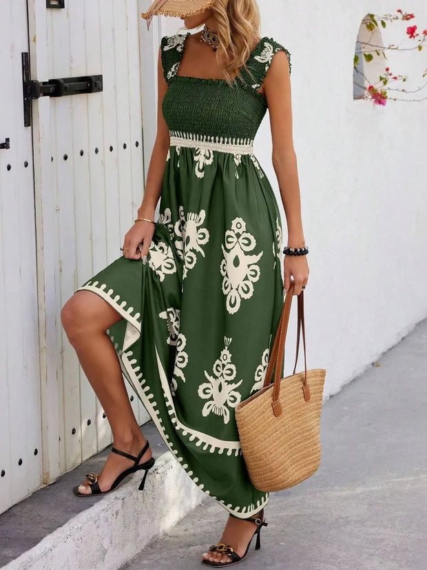 Smocked Printed Wide Strap Maxi Dress www.nizzadesign.com
