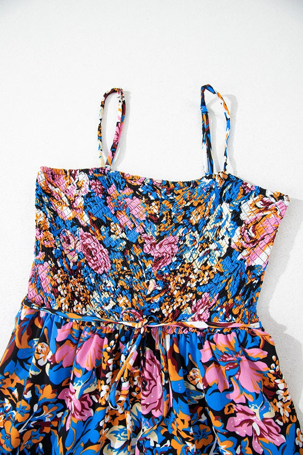 Floral Smocked Spaghetti Straps Wide Leg Jumpsuit www.nizzadesign.com