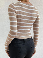 Striped Notched Long Sleeve Sweater www.nizzadesign.com