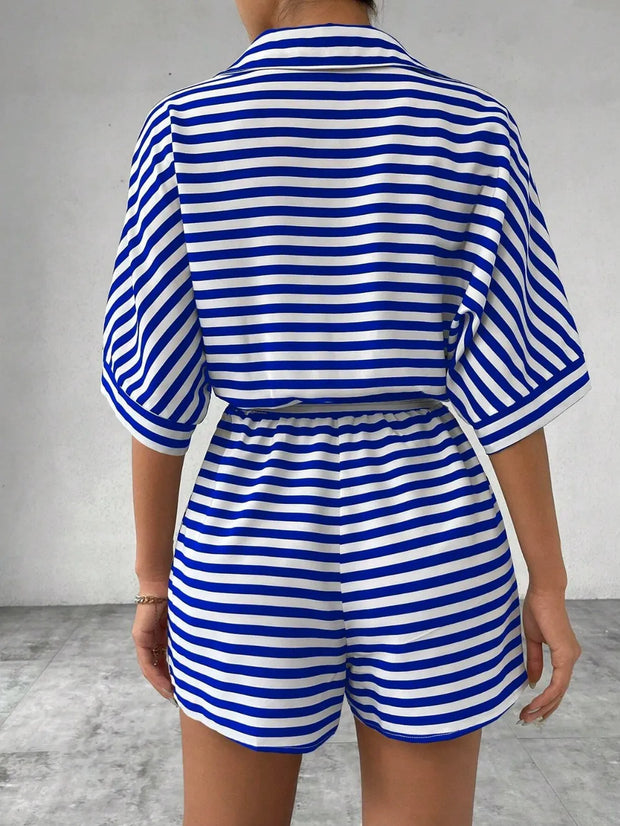 Tie Waist Half Button Striped Romper www.nizzadesign.com