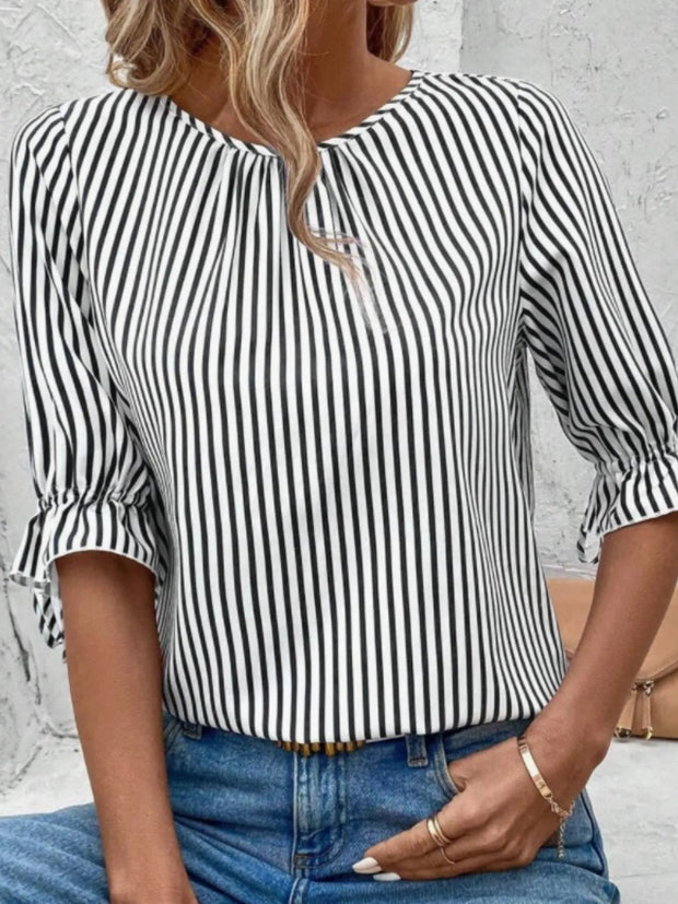 Striped Round Neck Half Sleeve Casual Blouse Black www.nizzadesign.com