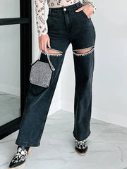 Ripped Wide Leg Wash Denim Jeans Black www.nizzadesign.com