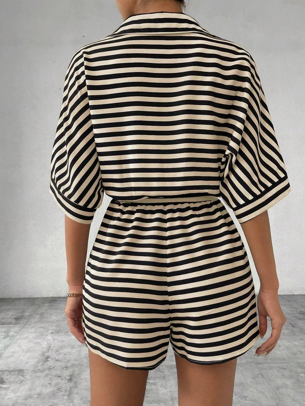 Tie Waist Half Button Striped Romper www.nizzadesign.com