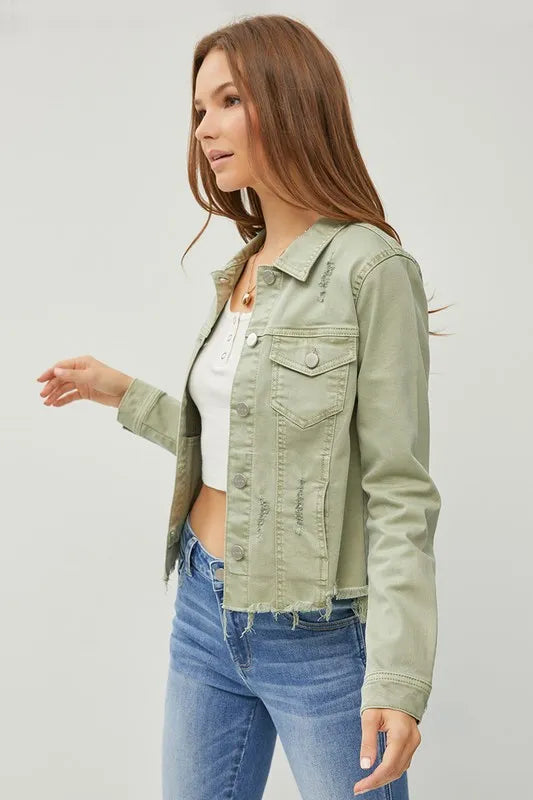 RISEN Full Size Raw Hem Button Up Cropped Denim Jacket Plus Size www.nizzadesign.com