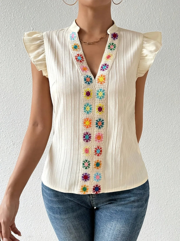 Embroidered Cap Sleeve Notched Blouse www.nizzadesign.com