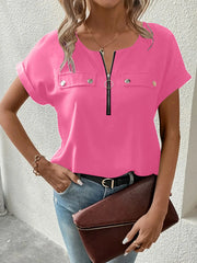 Casual Zipper Front Short Sleeve Blouse Pink www.nizzadesign.com