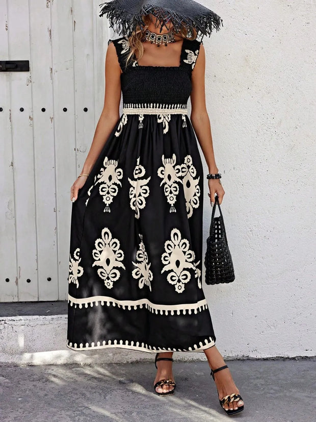 Smocked Printed Wide Strap Maxi Dress Black www.nizzadesign.com