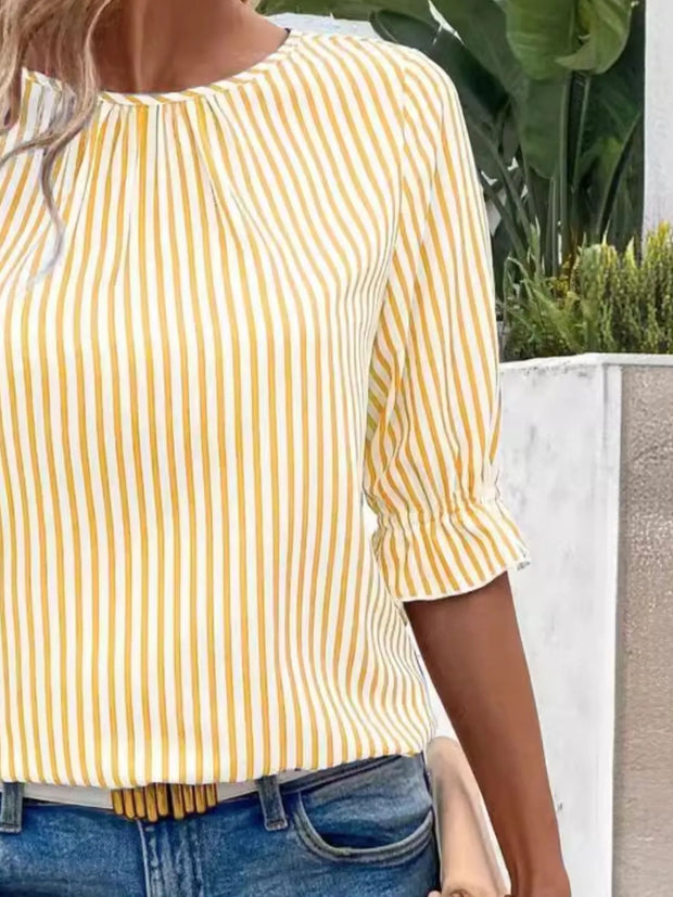 Striped Round Neck Half Sleeve Casual Blouse www.nizzadesign.com