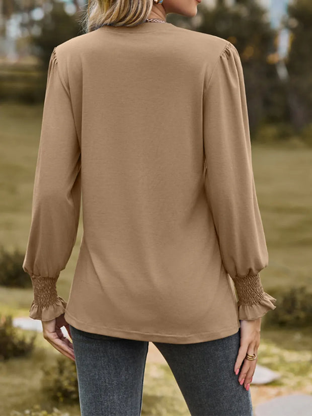 Ruched Notched Long Sleeve T-Shirt www.nizzadesign.com