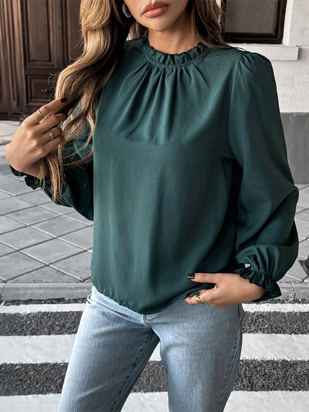 Ruched Round Neck Long Sleeve Blouse Dark Green www.nizzadesign.com