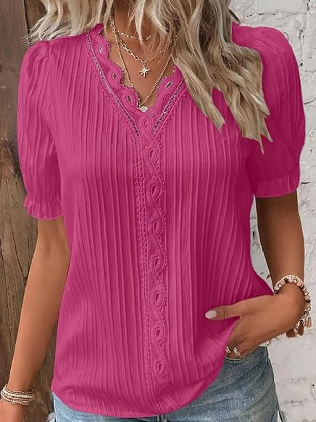 Full Size Lace Detail V-Neck Blouse Plus Size Rose Red www.nizzadesign.com