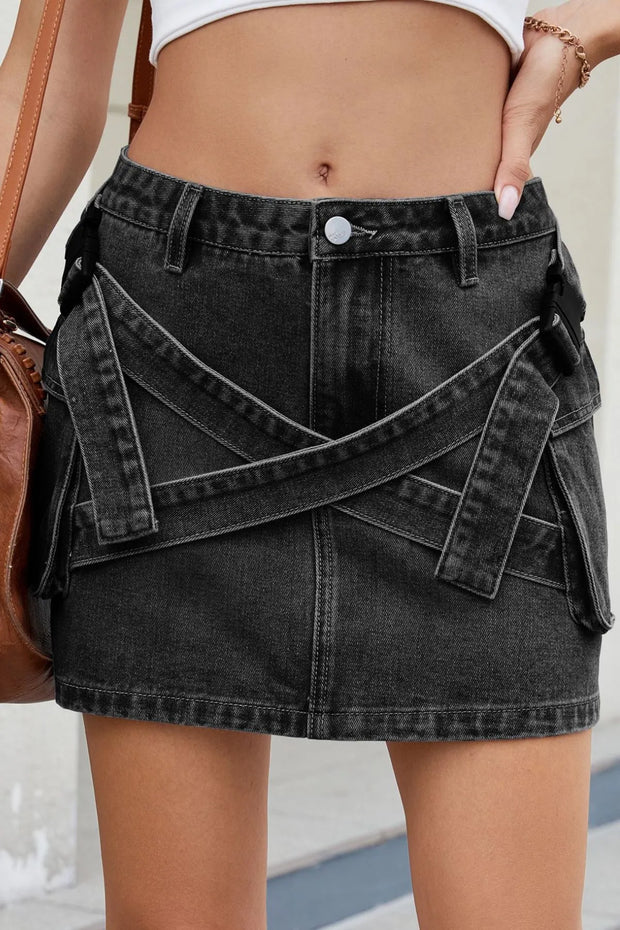 Criss-Cross Waist Detail Denim Mini Skirt Black Gray www.nizzadesign.com