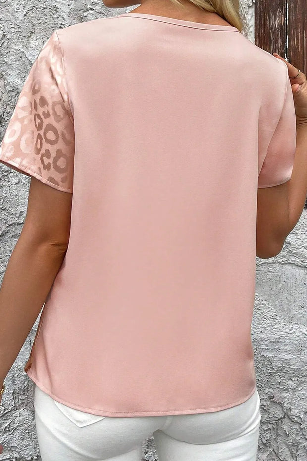 Leopard Jacquard Patchwork Crisscross V Neck Short Sleeve Blouse www.nizzadesign.com