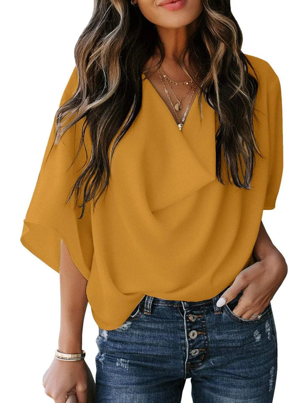 Full Size Ruched Three-Quarter Sleeve Blouse Plus Size Mustard www.nizzadesign.com
