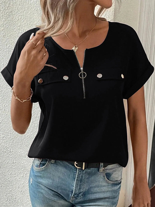 Casual Zipper Front Short Sleeve Blouse Black www.nizzadesign.com