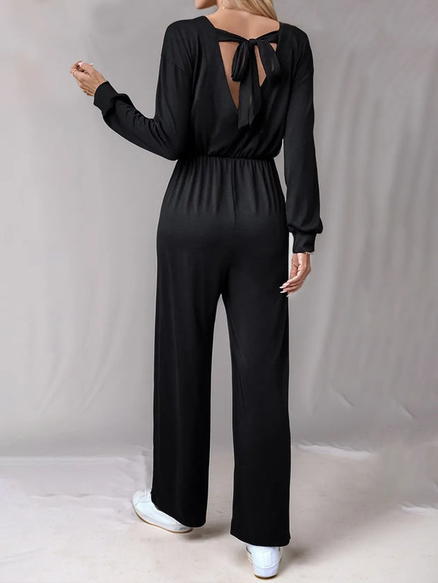 Tied Round Neck Wide Leg Jumpsuit www.nizzadesign.com