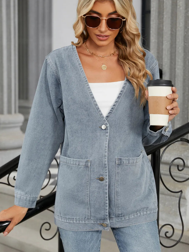 Pocketed V-Neck Button Up Denim Jacket www.nizzadesign.com