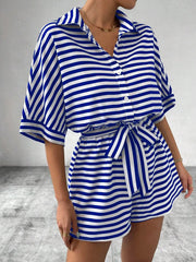 Tie Waist Half Button Striped Romper Royal Blue www.nizzadesign.com