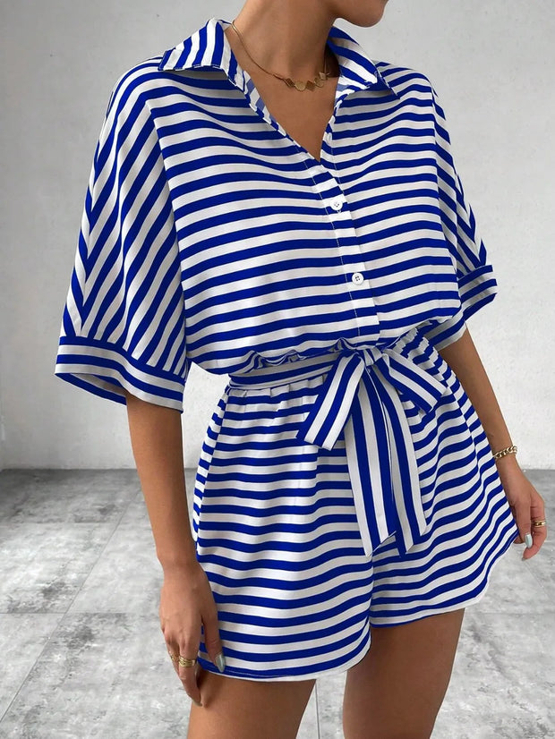 Tie Waist Half Button Striped Romper Royal Blue www.nizzadesign.com