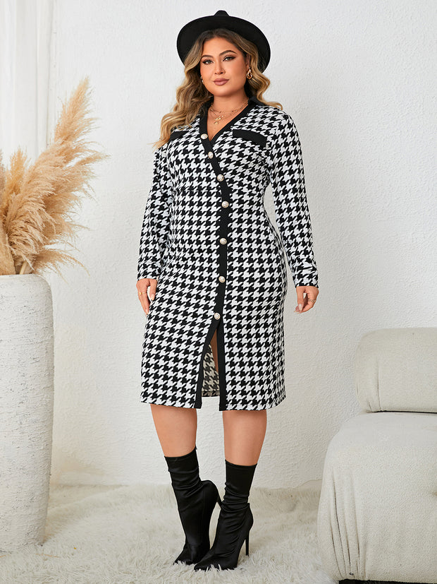 Honey Plus Size Houndstooth Long Sleeve Slit Dress www.nizzadesign.com