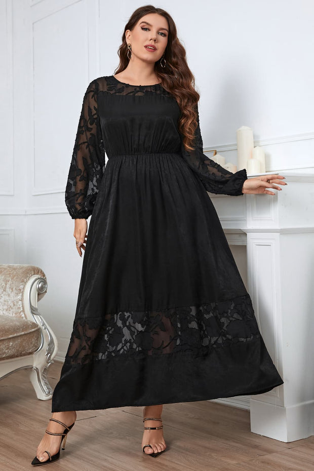 Honey Melo Apparel Plus Size Embroidery Round Neck Long Sleeve Maxi Dress www.nizzadesign.com