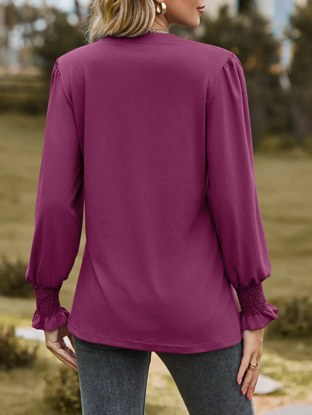 Ruched Notched Long Sleeve T-Shirt www.nizzadesign.com