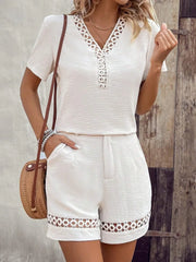 V Neck Short Sleeve Top and Shorts Set White www.nizzadesign.com