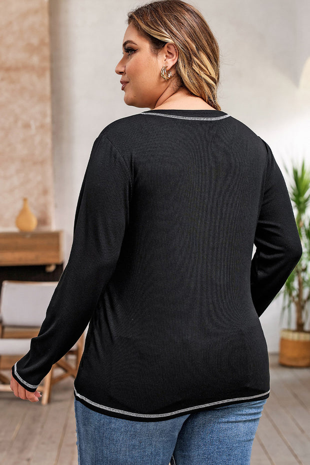 Plus Size Notched Neck Long Sleeve T-Shirt www.nizzadesign.com