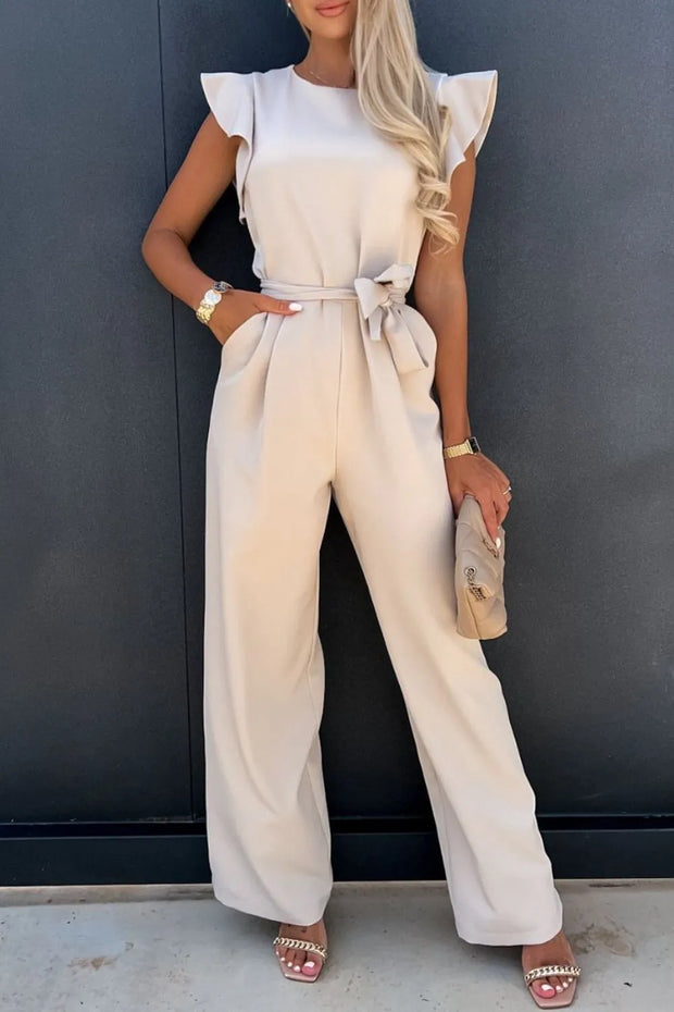 Round Neck Cap Sleeve Jumpsuit Tan www.nizzadesign.com