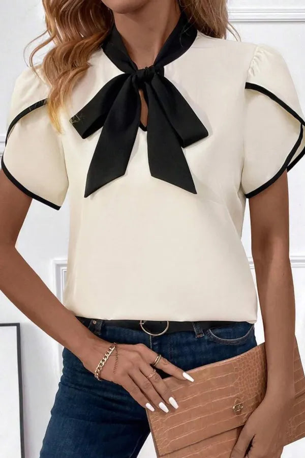 Bow Tie Contrast Short Sleeve Blouse www.nizzadesign.com