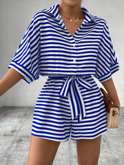 Tie Waist Half Button Striped Romper www.nizzadesign.com