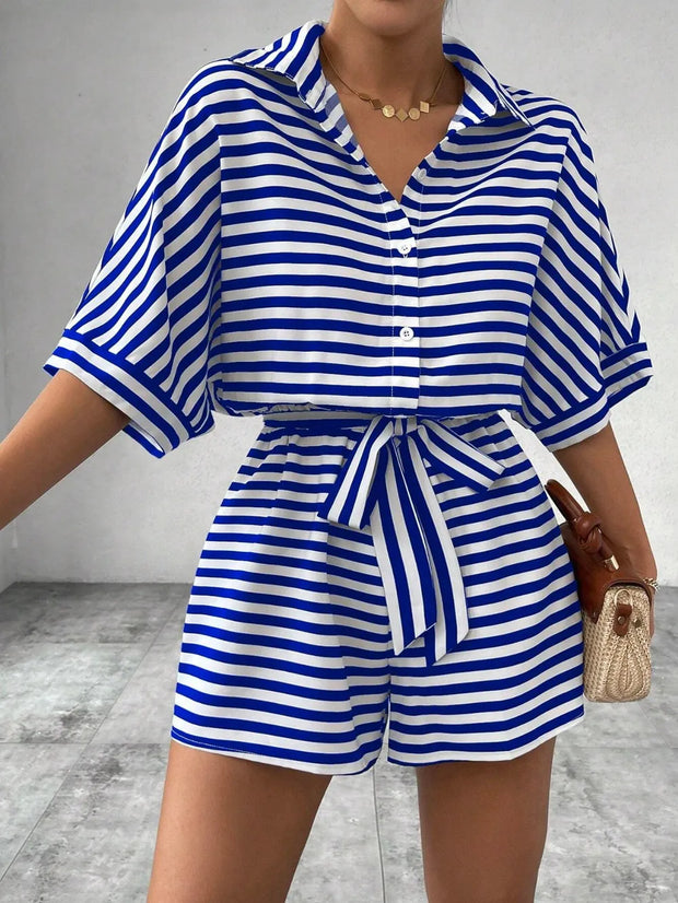 Tie Waist Half Button Striped Romper www.nizzadesign.com