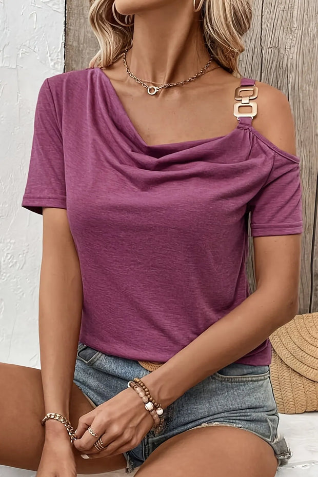 Asymmetric Shoulder T-Shirt with Metal Buckle Detail www.nizzadesign.com