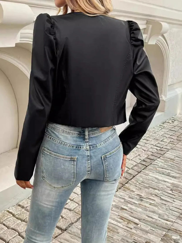 PU Leather Open Front Puff Sleeve Jacket www.nizzadesign.com