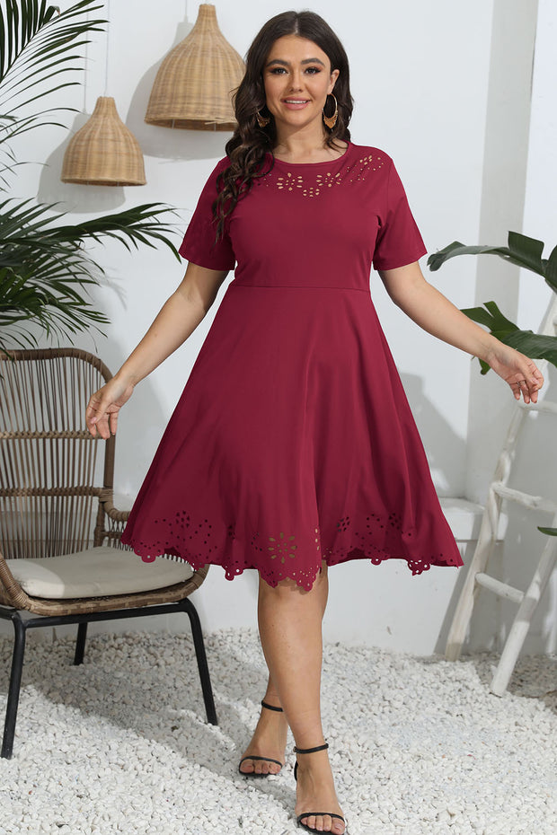 Plus Size Round Neck Openwork Dress Deep Red www.nizzadesign.com