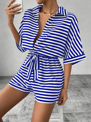 Tie Waist Half Button Striped Romper www.nizzadesign.com