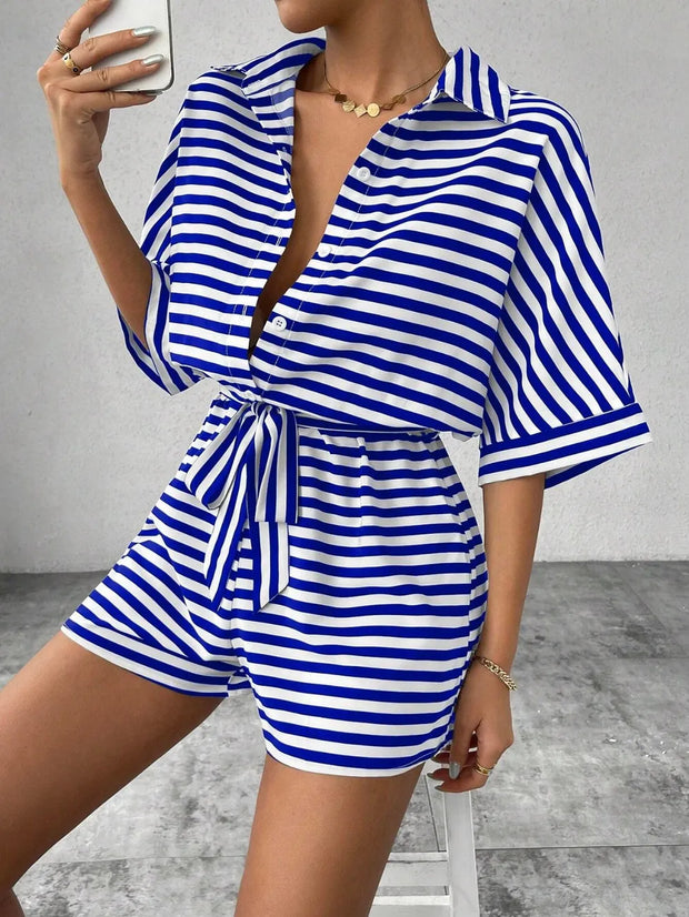 Tie Waist Half Button Striped Romper www.nizzadesign.com