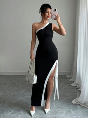 Slit Contrast Trim One-Shoulder Dress www.nizzadesign.com