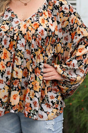 Plus Size Floral V-Neck Balloon Sleeve Blouse www.nizzadesign.com