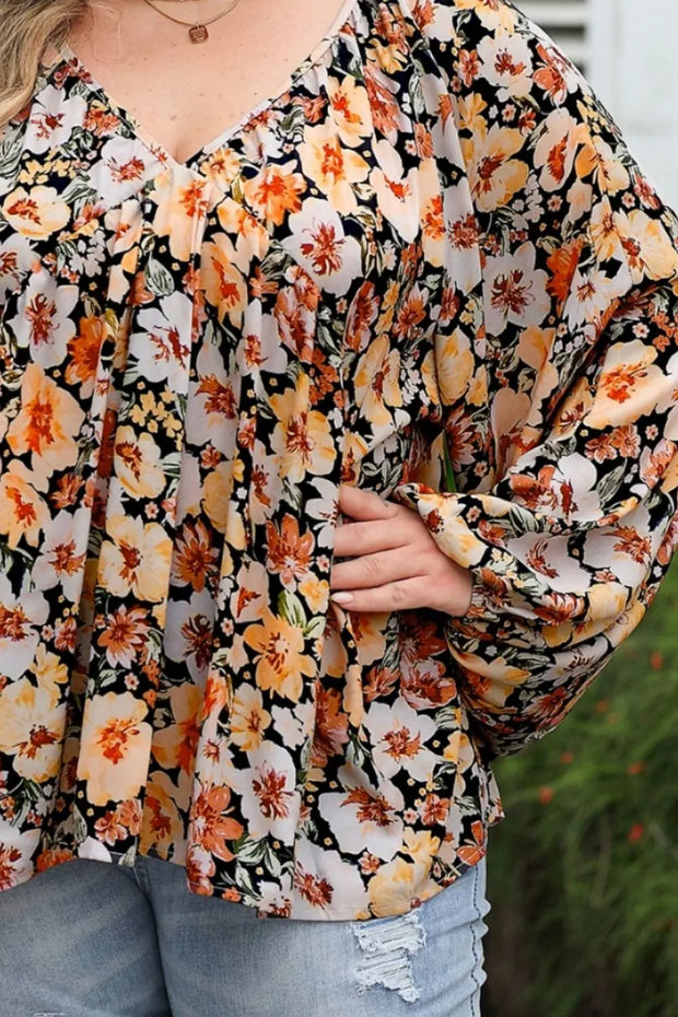 Plus Size Floral V-Neck Balloon Sleeve Blouse www.nizzadesign.com