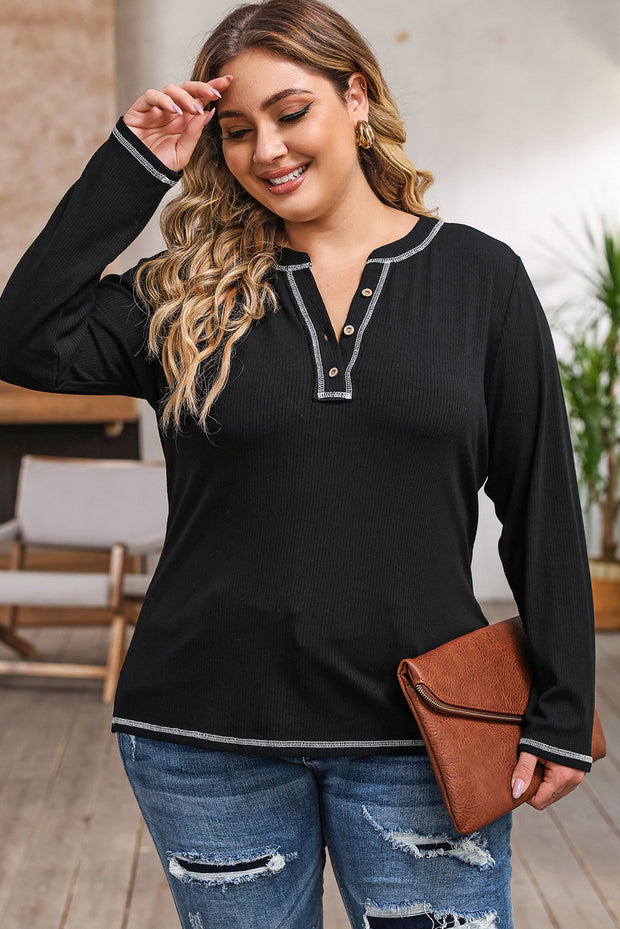 Plus Size Notched Neck Long Sleeve T-Shirt www.nizzadesign.com