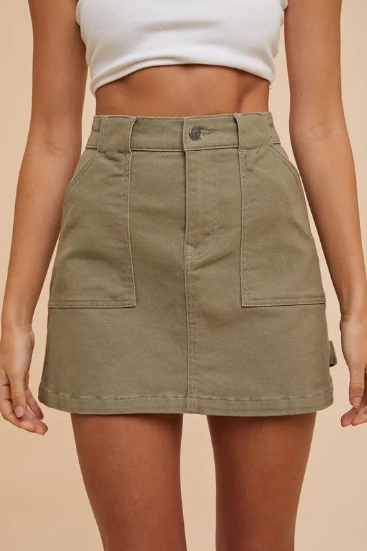 Annie Wear Cargo Denim Mini Skirt Olive www.nizzadesign.com