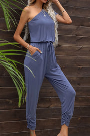 Drawstring Waist One-Shoulder Jumpsuit with Pockets www.nizzadesign.com